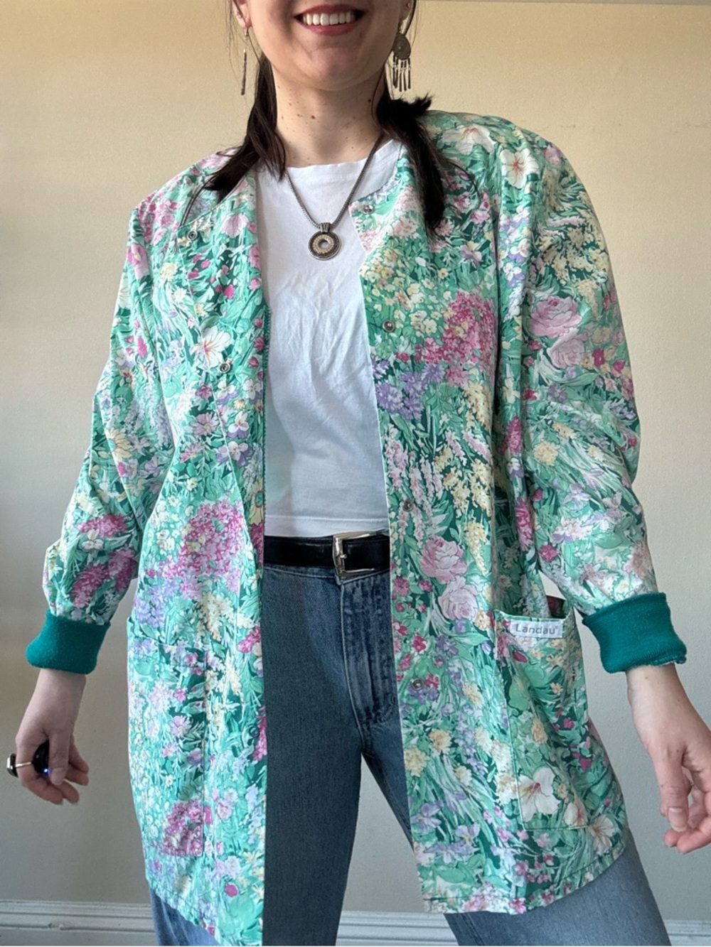 American Vintage Floral Mint Green & Pink Lightweight Cardigan